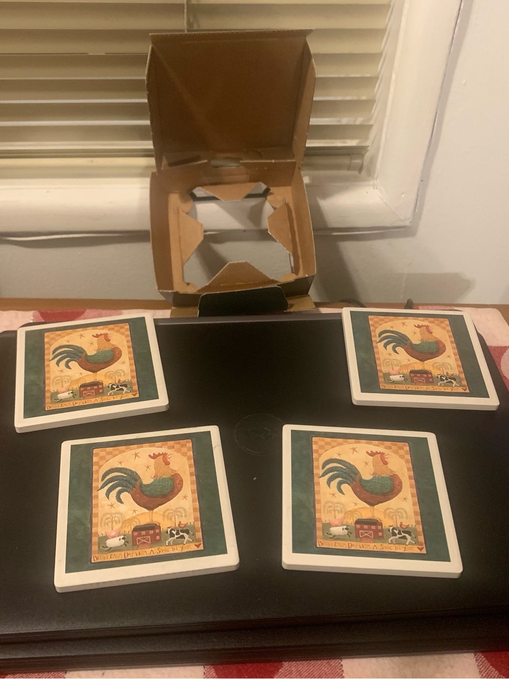 Rooster Country Ceramic Drink Coasters - Set of 4 - Green Accent